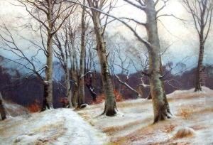Waldweg Im Winter Mit Jagersmann by Carl Milton Jensen