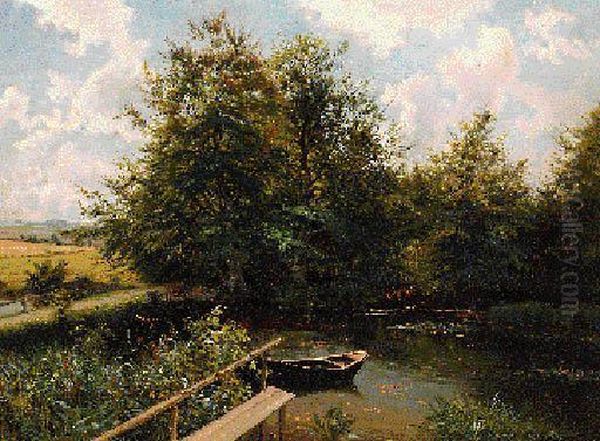 A Rowing Boat In A Wooded River Landscape - view 1