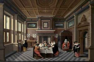 An Interior with Ladies and Gentlemen Dining by Dirck Van Delen