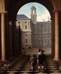 Elegant figures in a loggia at the entrance of a palace by Dirck Van Delen