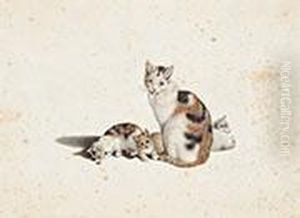 Sitzende Katzenmutter Mit Ihren Drei Jungen by Gottfried Mind or Mindt