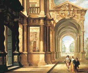A fantastical palace with an elegant couple walking in front of a portico by Dirck Van Delen