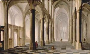 The interior of a church with figures The interior of a church with figures