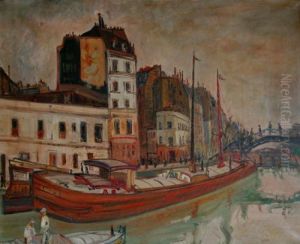 Peniche A Quai Sur Le Canal Saint-martin by Abraham Mintchine