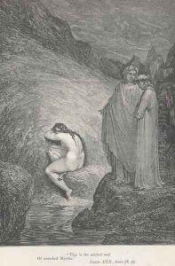 "That is the ancient soul of wretched Myrrha." (Canto XXX., lines 38-39) by Gustave Dore
