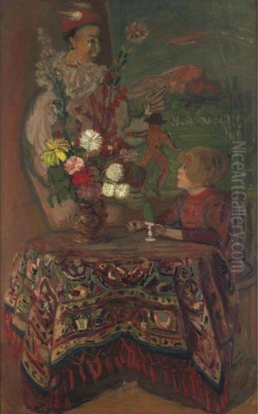 Young Girl With Angel And Harlequin Puppet - view 1