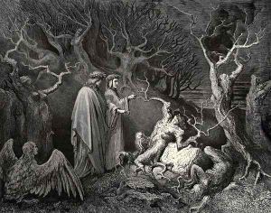 The Inferno, Canto 13, line 34: And straight the trunk exclaim'd: Why pluck'st thou me? by Gustave Dore