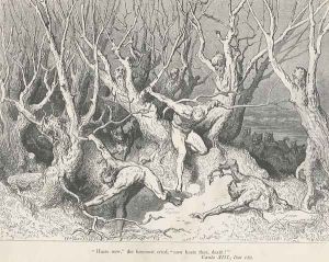 "Haste now," the foremost cried, "now haste thee, death"" (Canto XIII., line 120) by Gustave Dore