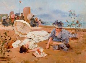 Damas En La Playa by Francisco Miralles Galup