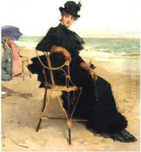 A Lady Seated On The Beach - view 1
