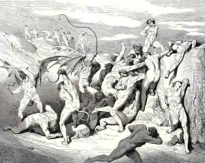 The Inferno, Canto 18, line 38: Ah! how they made them bound at the first stripe! by Gustave Dore