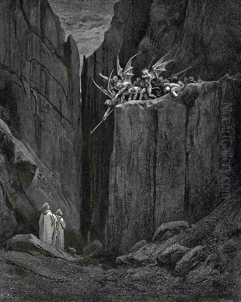 The Inferno, Canto 23, lines 52-54: Scarcely had his feet Reach'd to the lowest of the bed beneath, When over us the steep they reach'd - view 1
