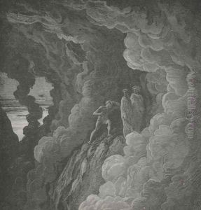 since the cloudy smoke Forbids the seeing, hearing in its stead Shall keep us join'd. (Canto XVI., lines 37-39) by Gustave Dore