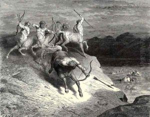 The Inferno, Canto 12, lines 73-74: We to those beasts, that rapid strode along, Drew near by Gustave Dore
