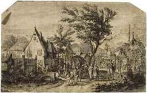 A Horse-drawn Waggon With Elegant Figures Leaving A Village