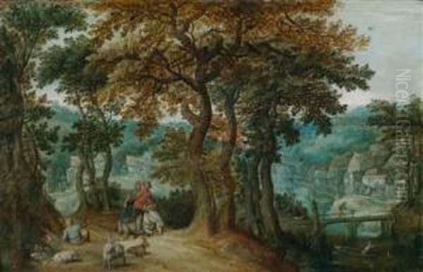 Bewaldete Landschaft Mit Einem Bauernpaar Auf Demweg Zum Markt Und Einem Ziegenhirten - view 1