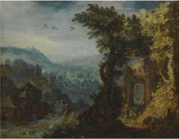 An Extensive Landscape With 
Figures On A Path To The Right And Avillage With A Mill To The Left - view 1