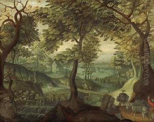 An Imaginary Landscape With Figures Anddonkeys In The Foreground - view 1