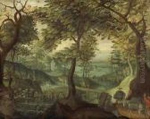 An Imaginary Landscape With Figures And Donkeys In The Foreground