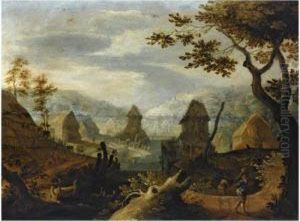 A River Landscape With A Village In Schwalbach With Travellers To The Right A River Landscape With A Village In Schwalbach With Travellers To The Right