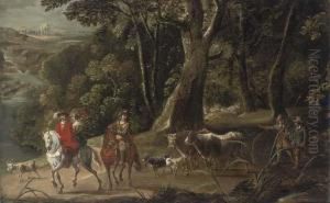A River Landscape With Elegant Figures On Horseback, Drovers And Their Cattle Behind by Anton Mirou