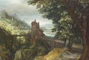 A Mountainous River Landscape 
With Figures Resting Amongst Trees And The Ruins Of A Castle