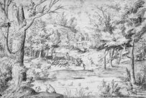 Bewaldete Landschaft Mit Einer Hirschjagd. by Anton Mirou
