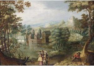 A Wooded Landscape With Two 
Cavaliers And A Lady Conversing Before A Lake, A Peasant To The Right