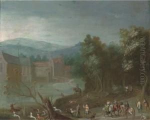 A Wooded River Landscape With A Stag Hunt, A Castle Beyond