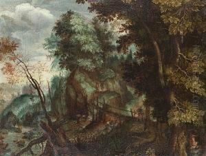 A Wooded Landscape With The Rest On The Flight Into Egypt by Anton Mirou
