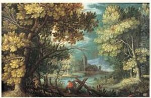 Paysage De Riviere Avec Des Bucherons