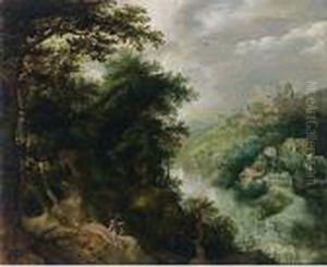 An Extensive Wooded River 
Landscape With A Huntsman And His Dogs On A Path, A Village Beyond