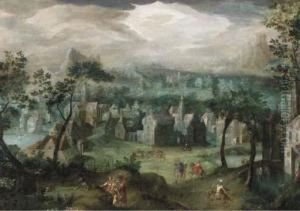 An Extensive Landscape With Elegant Company And Villagers, A Village Beyond