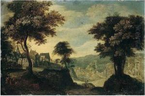 View Of A Town With A Church In The Centre Distance, Travellers In The Left Foreground View Of A Town With A Church In The Centre Distance, Travellers In The Left Foreground