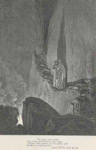 "Within these ardours are the spirits, each Swathed in confining fire." (Canto XXVI., lines 48-49) by Gustave Dore