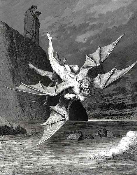 The Inferno, Canto 22, lines 137-139: But the 'other prov'd A goshawk able to rend well his foe; And in the boiling lake both fell. - view 1