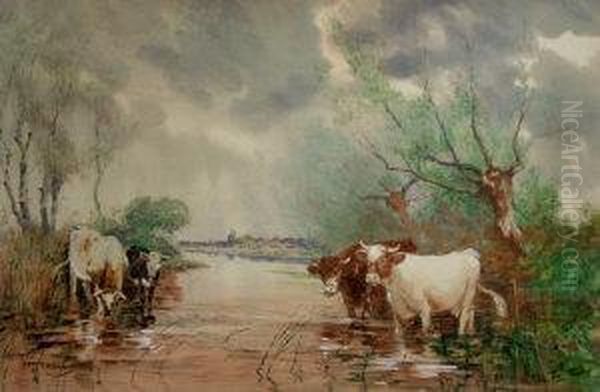 Cattle Watering In A Tranquil River Landscape - view 1