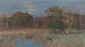 Cattle Watering, Moonlight by John Campbell Mitchell