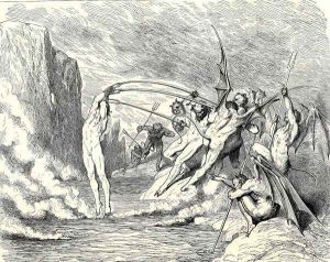 The Inferno, Canto 21, lines 50-51: This said, They grappled him with more than hundred hooks by Gustave Dore