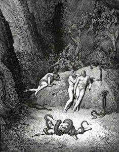 The Inferno, Canto 25, lines 59-61: The other two Look'd on exclaiming: "Ah, how dost thou change, Agnello!" by Gustave Dore