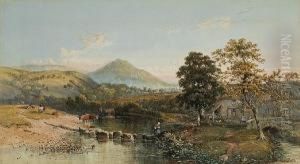An Extensive River Landscape With A Womancrossing by Philip Mitchell