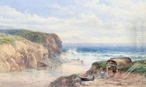 A Fisherman Repairing His Pots Above A Cornish Beach by Philip Mitchell