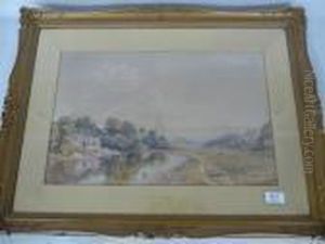 River Landscape With Cattle Grazing In A Meadow, Buildings Amongst Trees Nearby River Landscape With Cattle Grazing In A Meadow, Buildings Amongst Trees Nearby