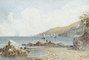 Children Playing On The Seashore With Boats In The Distance Children Playing On The Seashore With Boats In The Distance