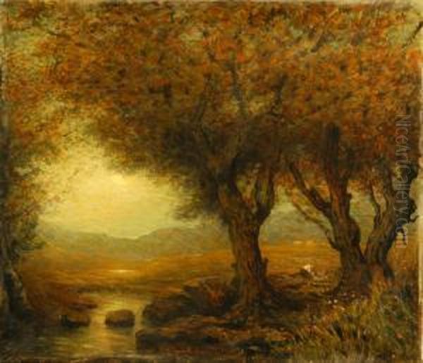 "paesaggio Fluviale Con Figura" 
Olio Su Tela Firmato E Datato '922 Al Centro, In Cornice Dorata - view 1