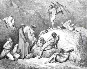 The Inferno, Canto 28, lines 69-72: call thou to mind Piero of Medicina, if again Returning, thou behold'st the pleasant land That from Vercelli slopes to Mercabo by Gustave Dore