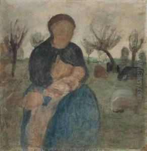 "mutter Mit Saugling An Der Brust Und Kind In Landschaft" by Paula Modersohn-Becker
