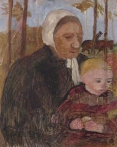Bauerin Mit Kind, Im Hintergrund Ein Reiter by Paula Modersohn-Becker