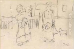 Zwei Kleine Madchen Vor Einem Haus, Mit Einem Kleinen Hund Und Einem Kind Auf Dem Arm. by Paula Modersohn-Becker