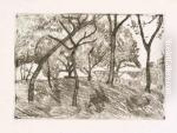 Landschaft Unter Baumen.
Kaltnadelradierung Auf Festem Japan. 9,9 X 13,8 Cm. Um 1902. Mit Der
Signatur Des Druckers Otto Felsing. - view 1